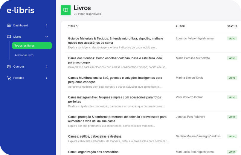 Tela de gestão de livros da plataforma E-libris